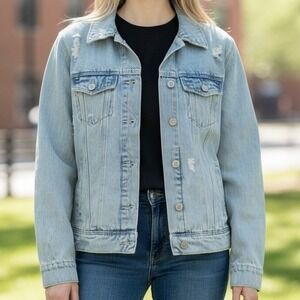 Old Navy Womens Destructed Denim Jacket Light Wash Distressed Blue S 506393-00